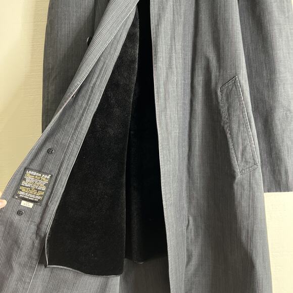 London Fog Trench Coat Men 38 Gray Clipper Mill Plaid Alpaca Fur Lined Placket - Picture 9 of 14